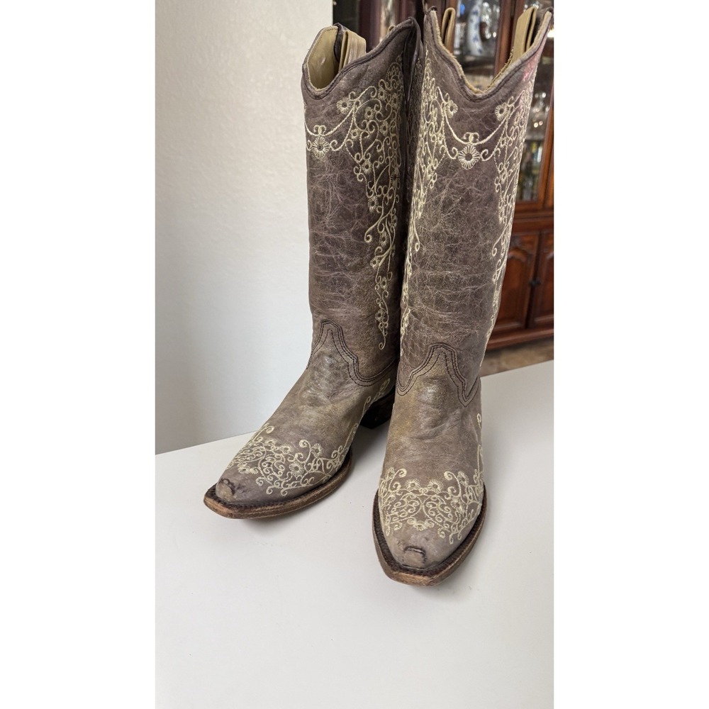 Corral A1094 Women 7.5 M Brown Leather Floral Embroidered Cowboy Boots Snip Toe